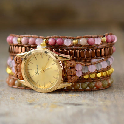 rose quartz metal beads watchband