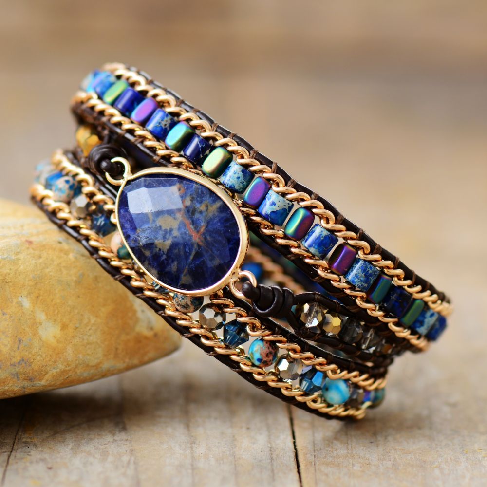 Lapis Lazuli Black Leather Bracelet