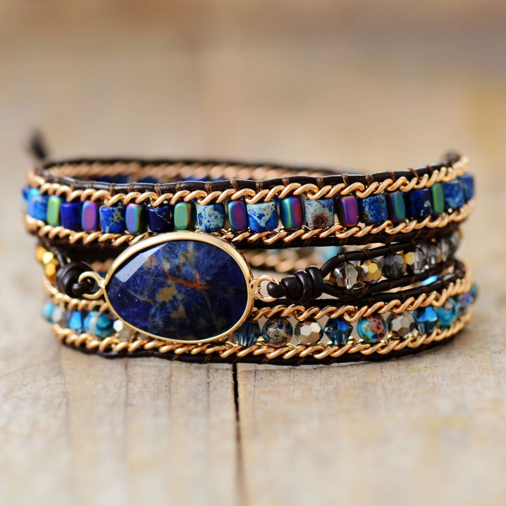 Lapis Lazuli Black Leather Bracelet